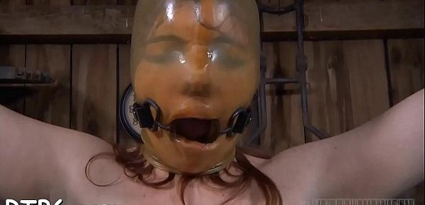  Tied up slave receives tight mask with hard toy in her impure cleft